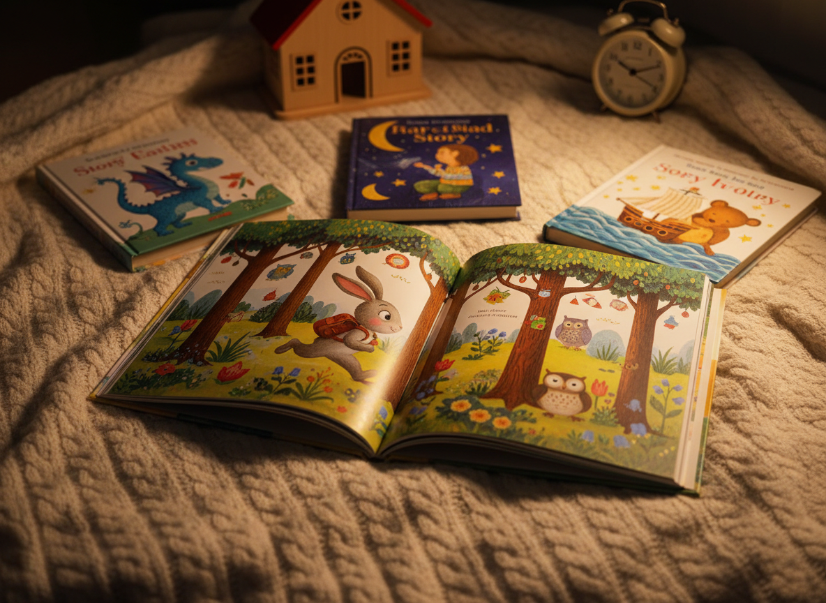 A cozy evening reading scene with an open children’s picture book laid on a soft, knitted cream blanket, its pages showing a colorful story about a bunny exploring a forest. Around the book, there are four more closed storybooks with varied, engaging covers, forming a loose circle. A warm bedside lamp outside the frame casts golden, diffused light across the pages, creating gentle highlights on the illustrations and velvety shadows in the folds of the blanket. In the softly blurred background, a wooden toy school building and a small clock hint at routine and bedtime rituals. Photographic realism, close, intimate framing, capturing the emotional warmth and importance of reading aloud with children.
