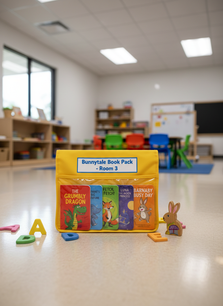 A cheerful, neatly labeled book pack made of sturdy, bright yellow fabric sits on a preschool classroom floor, its transparent front pocket revealing five different colorful children’s books inside. Each visible spine shows bold, friendly titles and playful illustrations. Around the pack, there are scattered foam alphabet letters and a small wooden bunny figurine, hinting at the Bunnytale theme. The polished linoleum floor reflects soft, diffused ceiling light and a bit of natural daylight from an unseen window, creating a clean, modern, and organized atmosphere. Photographic realism, slightly elevated angle with sharp focus on the pack and a softly blurred classroom background, conveying reliability, routine, and the excitement of swapping fresh stories every week.