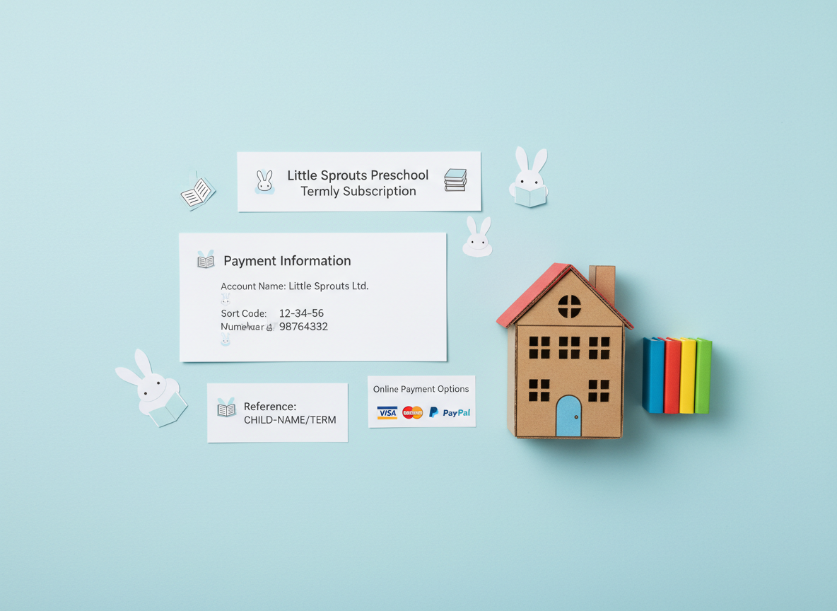 A charming, staged flat lay on a pale sky-blue background, featuring banking and payment details styled as clean, minimal printouts with simple icons of books and bunnies around key sections. To one side, a miniature cardboard school building with a red roof and tiny cut-out windows stands next to a small stack of five toy-sized books. A subtle, soft overhead studio light bathes the scene evenly, creating delicate shadows that add depth without distraction. Photographic realism, carefully arranged with a balanced, graphic composition, conveys transparency, trustworthiness, and ease of payment for termly preschool subscriptions while maintaining a playful, child-centric aesthetic.