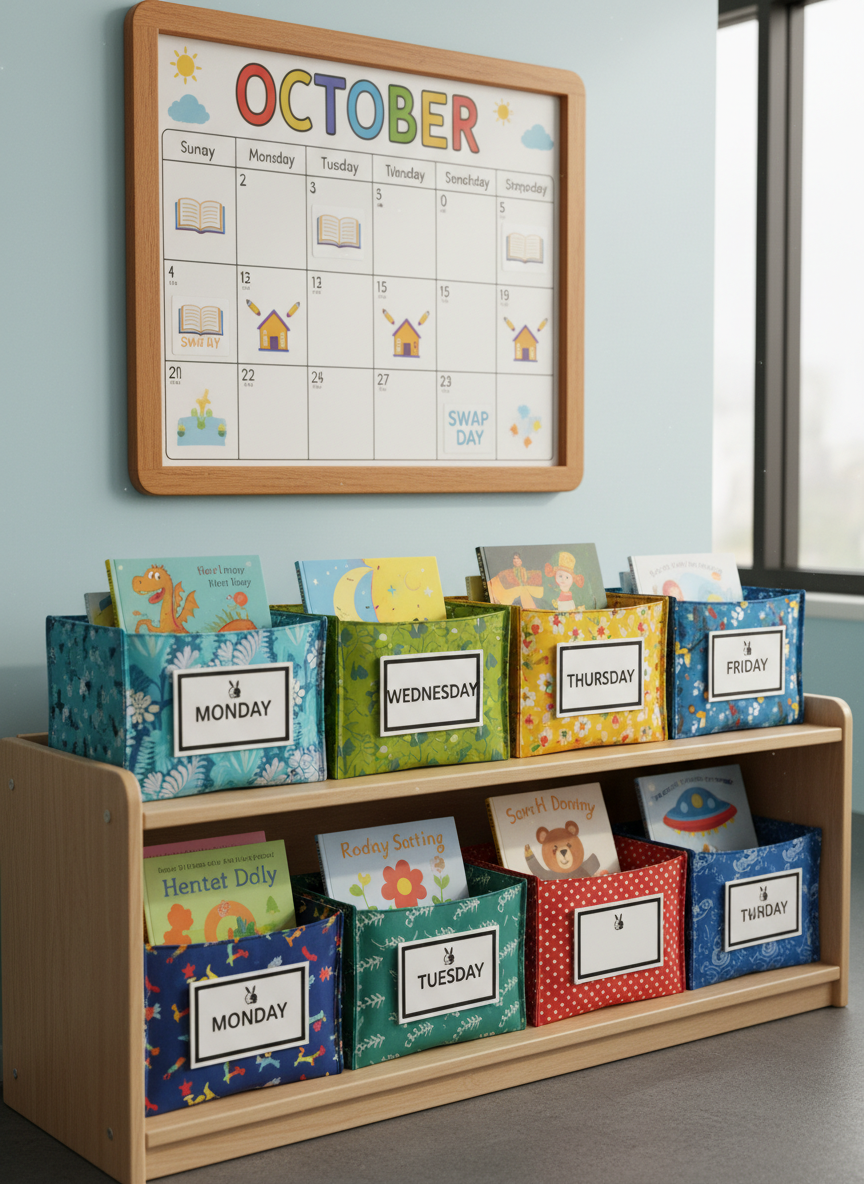 A weekly swap-day scene depicted without people: a low, wide preschool shelf with two rows of bright fabric book packs, each tagged with a day-of-the-week label and a simple bunny logo. Several packs are slightly pulled forward, showing peeks of the five different storybooks tucked neatly inside. On the wall behind, a large illustrated calendar with colorful icons for books and schools marks swap days. Natural daylight from tall windows on the right creates soft, directional lighting, with gentle shadows beneath each pack. Photographic realism, eye-level, medium-wide composition, capturing the calm efficiency, joyful routine, and anticipation of new stories that define the book club’s weekly rhythm.