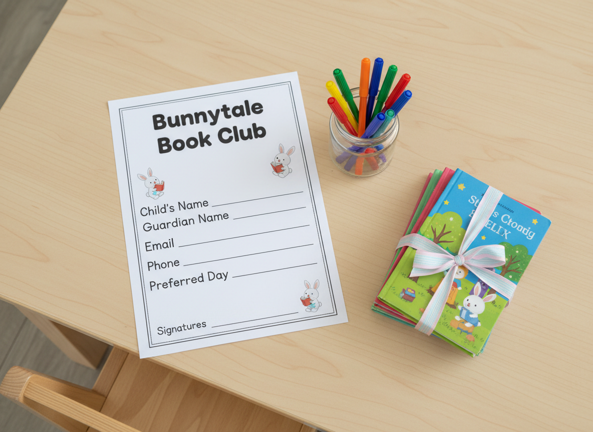 A close-up, overhead photographic view of a preschool sign-up station set on a light birch classroom table. At the center lies a neatly printed Bunnytale Book Club sign-up form with simple, bold headings and cute bunny iconography. Beside it rests a small glass jar filled with colorful felt-tip pens, and a tidy stack of five slim storybooks tied with a pastel ribbon. A child-sized chair is barely visible at the edge of the frame, while soft indoor lighting from above creates an even, shadow-free illumination. The mood is organized, welcoming, and practical, supporting easy enrollment. Photographic realism with crisp focus across the scene, emphasizing clarity of information and the friendly, low-pressure nature of signing up.