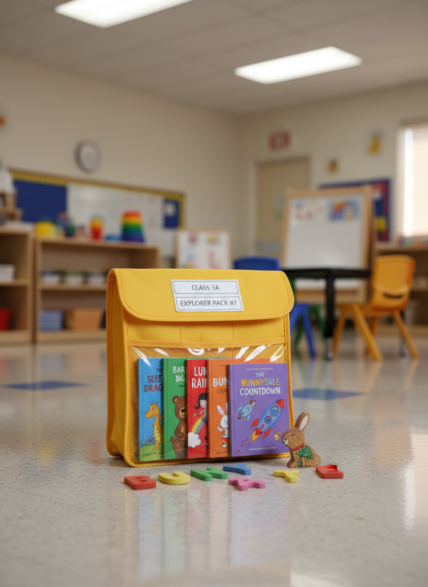 A cheerful, neatly labeled book pack made of sturdy, bright yellow fabric sits on a preschool classroom floor, its transparent front pocket revealing five different colorful children’s books inside. Each visible spine shows bold, friendly titles and playful illustrations. Around the pack, there are scattered foam alphabet letters and a small wooden bunny figurine, hinting at the Bunnytale theme. The polished linoleum floor reflects soft, diffused ceiling light and a bit of natural daylight from an unseen window, creating a clean, modern, and organized atmosphere. Photographic realism, slightly elevated angle with sharp focus on the pack and a softly blurred classroom background, conveying reliability, routine, and the excitement of swapping fresh stories every week.