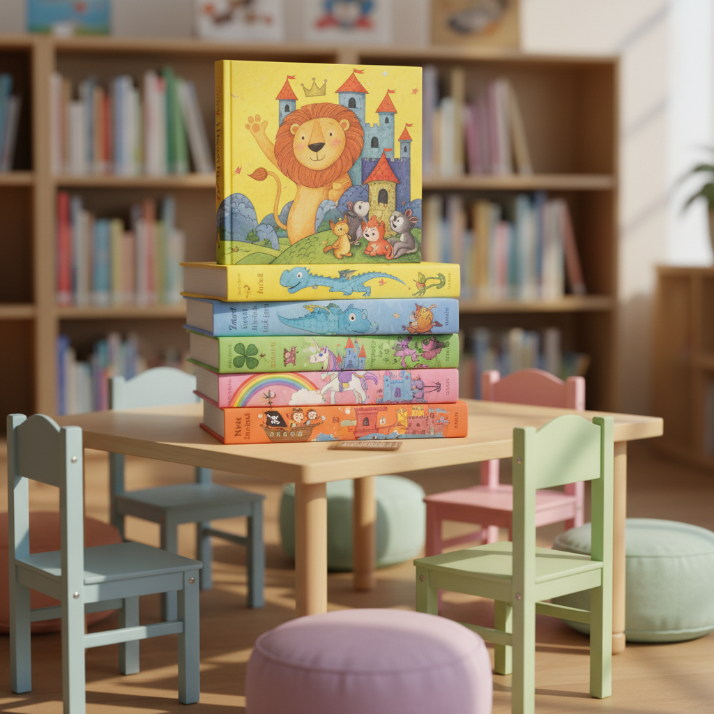 A brightly colored stack of five hardcover children’s storybooks, each with whimsical illustrated covers featuring friendly animals and castles, rests on a small, low wooden table in a cozy preschool reading corner. Around the books, tiny wooden chairs and soft pastel cushions create a playful environment, with open cubby shelves filled with more neatly arranged books in the softly blurred background. Warm afternoon sunlight filters through a nearby window, casting gentle, elongated shadows and making the glossy book covers subtly shine. Photographic realism, shot at child’s-eye level with a shallow depth of field, creates an inviting, magical mood that emphasizes curiosity, comfort, and the joy of discovering new stories every week.