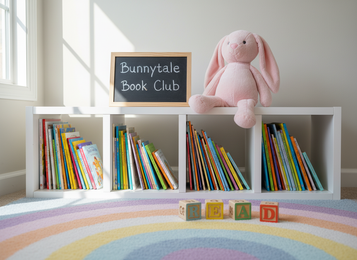 An inviting preschool book nook featuring a low, white bookshelf divided into five sections, each cubby holding exactly five carefully arranged storybooks with vibrant, varied covers. A large, plush, pale-pink bunny toy leans against the shelf, and a small chalkboard sign on top reads “Bunnytale Book Club” in playful, hand-drawn lettering. The floor is covered with a soft, pastel rainbow rug, and a few wooden blocks spelling the word “READ” sit nearby. Gentle morning light pours in from the left, creating soft highlights and barely-there shadows. Photographic realism, wide-angle shot at low height with balanced composition, conveying a playful, warm, and aspirational reading space that celebrates book sharing.