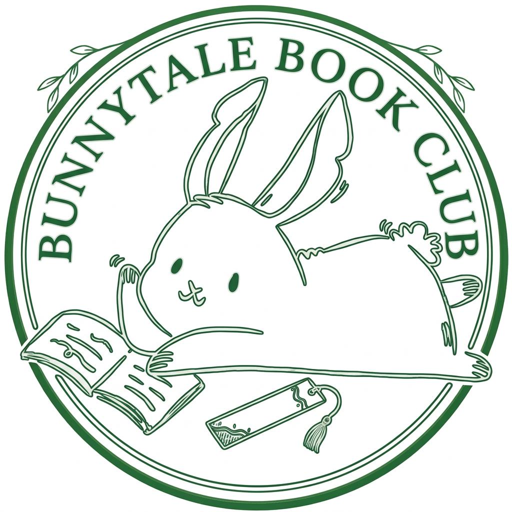 The image depicts a logo for the "Bunnytale Book Club", featuring a simple line drawing of a rabbit reading a book. The lo...